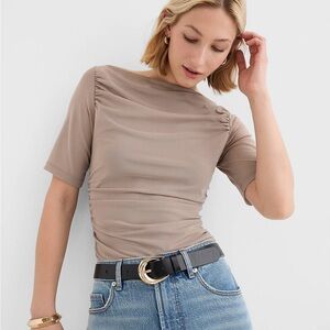 NWT LOFT Taupe Short Sleeve Ruched Boatneck Top